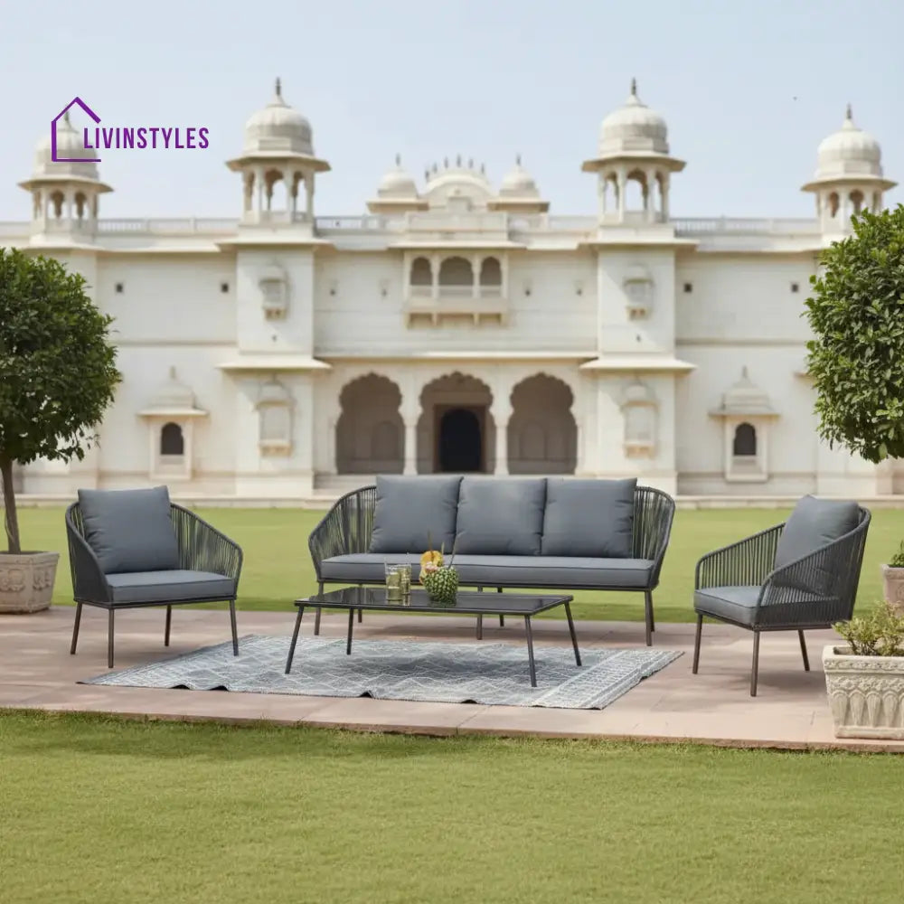 Zariah Outdoor Rope 5-Seater Patio Sofa Set with Glass Top Table (Grey) - Sofa Set