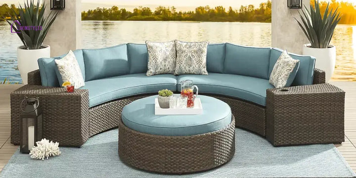 Zea Outdoor Sofa Set 4 Seater and 1 Center Table (Brown) - Brown + Aqua - Sofa Sets