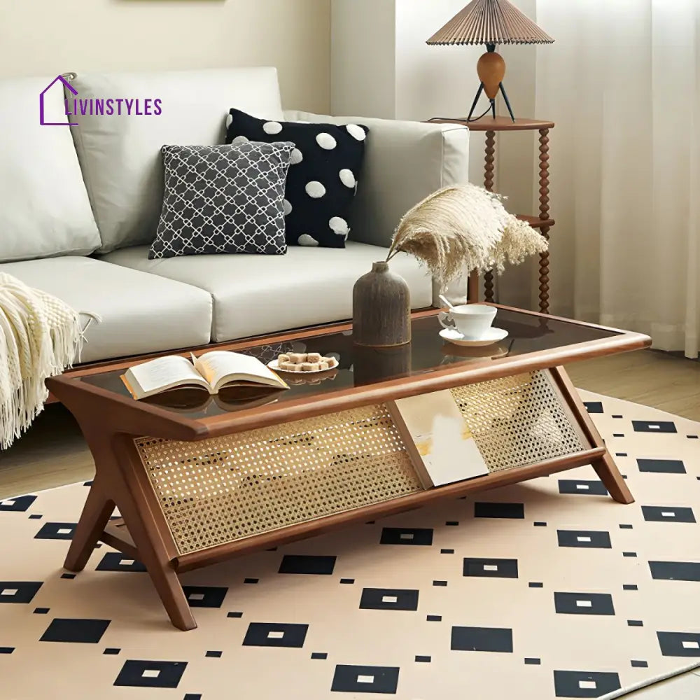 Zehaan Solid Wood Coffee Table for Living Room | With Glass Top and Cane Weaving Work