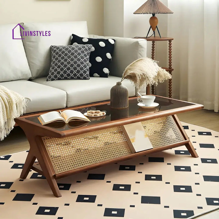Zehaan Solid Wood Coffee Table for Living Room | With Glass Top and Cane Weaving Work