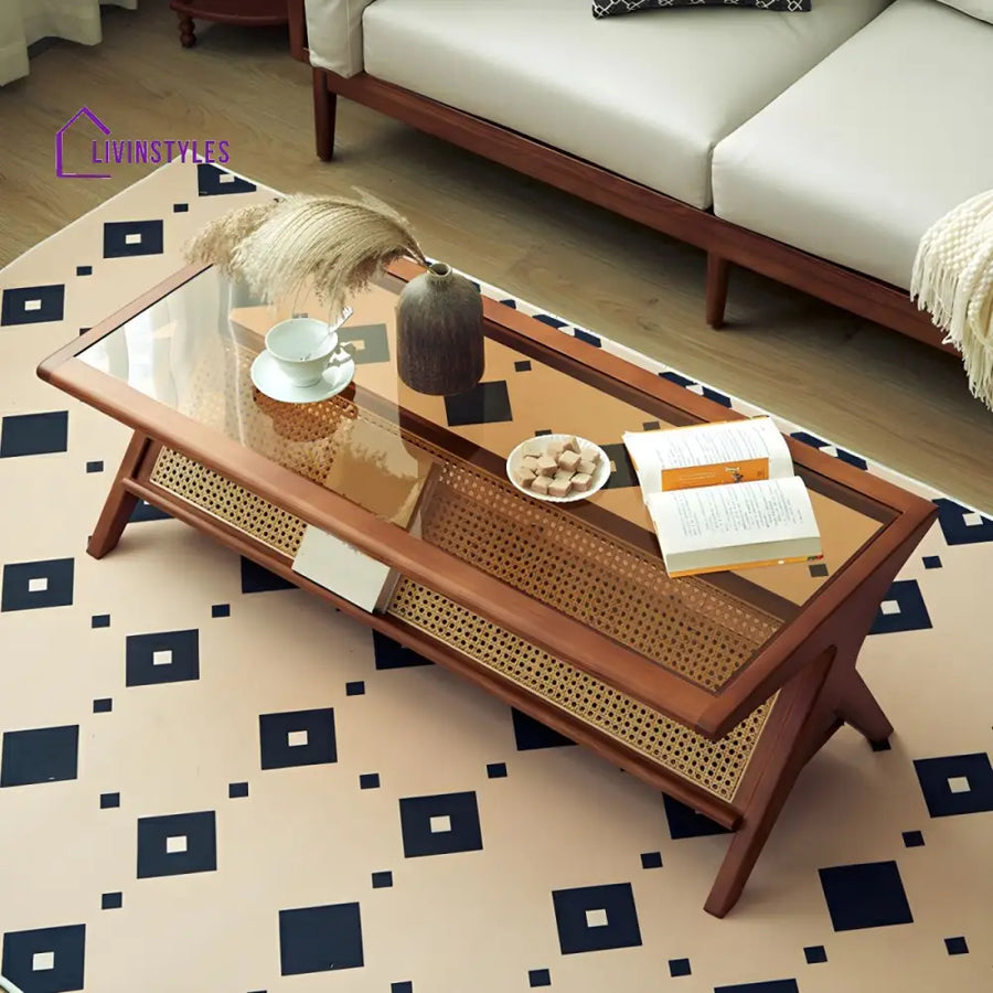 Zehaan Solid Wood Coffee Table for Living Room | With Glass Top and Cane Weaving Work