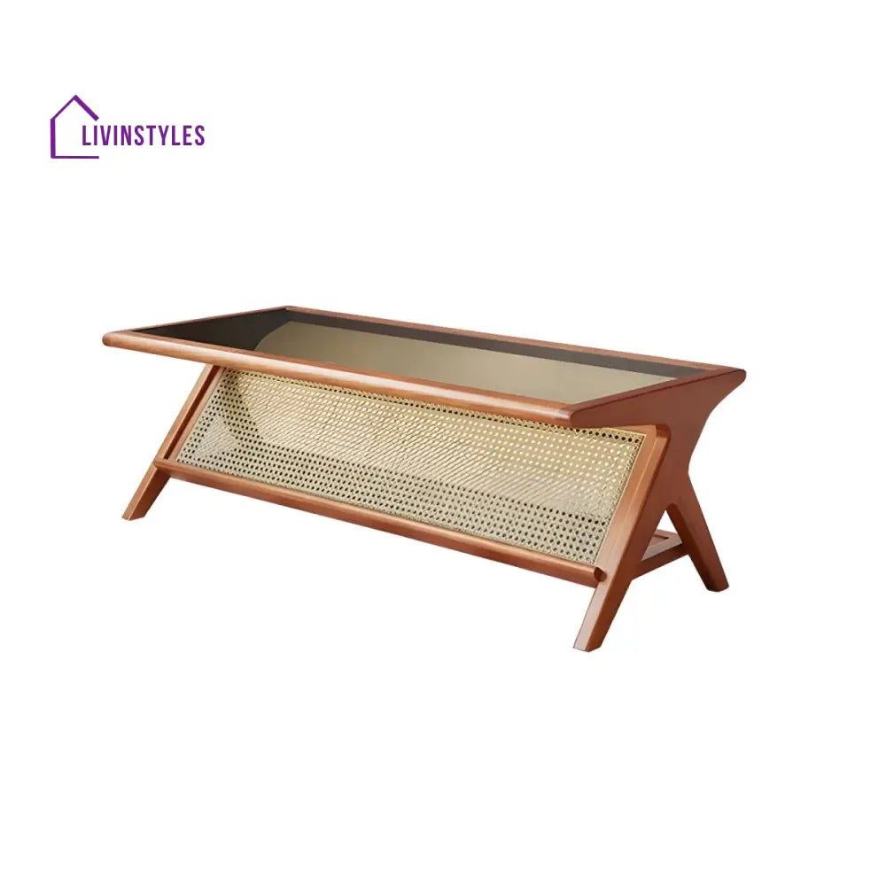 Zehaan Solid Wood Coffee Table for Living Room | With Glass Top and Cane Weaving Work