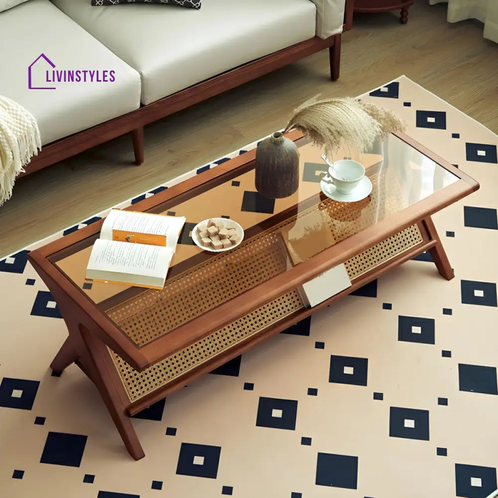 Zehaan Solid Wood Coffee Table for Living Room | With Glass Top and Cane Weaving Work