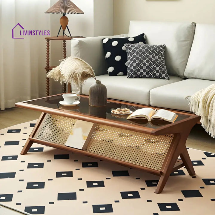 Zehaan Solid Wood Coffee Table for Living Room | With Glass Top and Cane Weaving Work