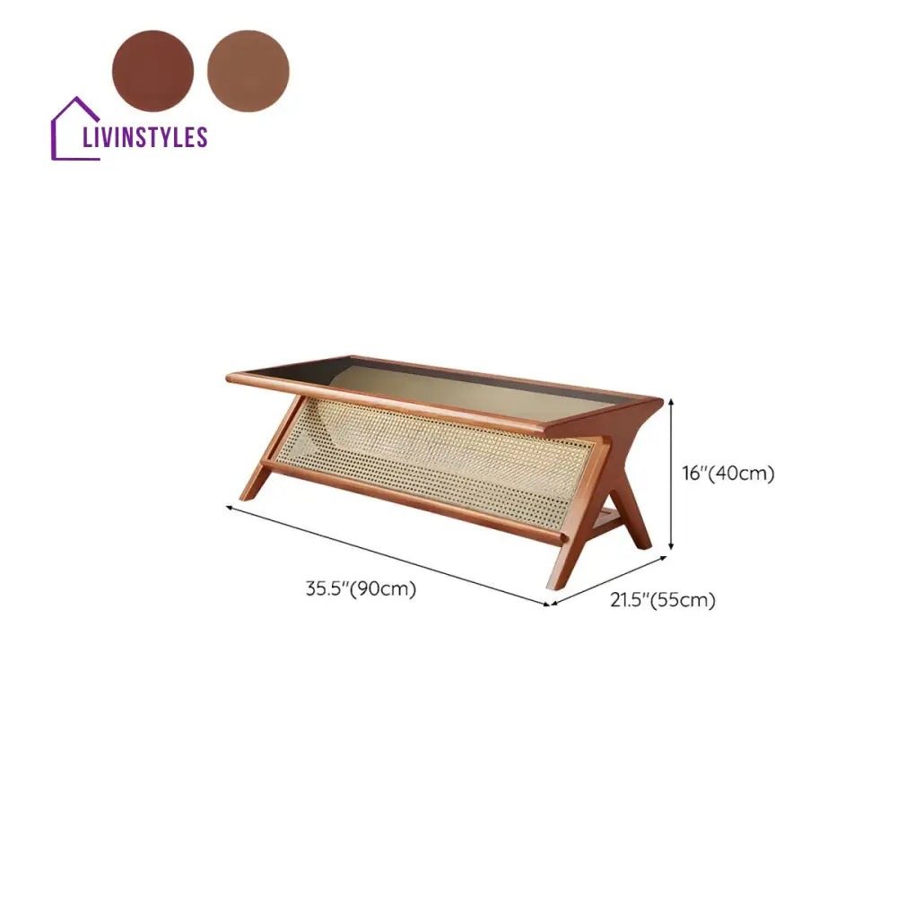 Zehaan Solid Wood Coffee Table for Living Room | With Glass Top and Cane Weaving Work