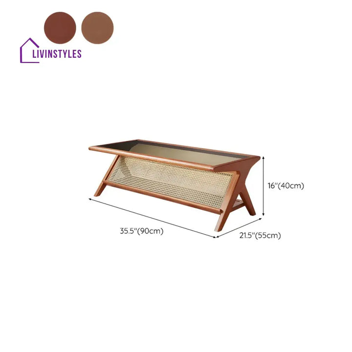 Zehaan Solid Wood Coffee Table for Living Room | With Glass Top and Cane Weaving Work