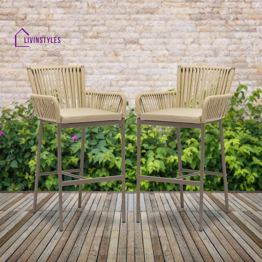 Zeki Outdoor Patio Bar Chair 2 Chair For Balcony Braided & Rope - Light Brown - Bar Sets