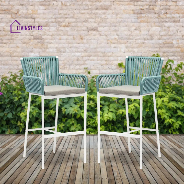 Zeki Outdoor Patio Bar Chair 2 Chair For Balcony Braided & Rope - White + Green - Bar Sets