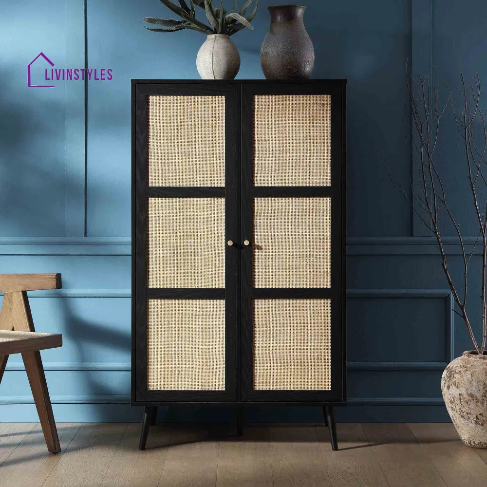 Frances Woven Rattan Compact Double Wardrobe Black Wardrobes