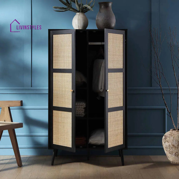 Frances Woven Rattan Compact Double Wardrobe Black Wardrobes