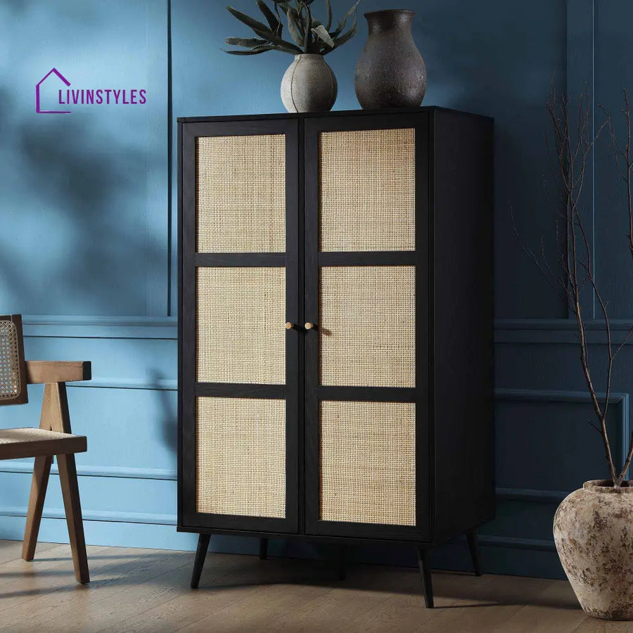 Frances Woven Rattan Compact Double Wardrobe Black Wardrobes