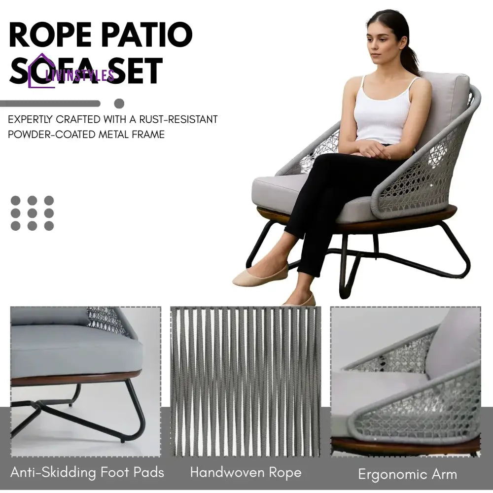 Zina Outdoor Grey Rope 4-Piece Sofa Set With Wooden Top Table - Sofa Set