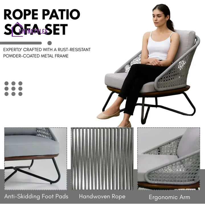 Zina Outdoor Grey Rope 4-Piece Sofa Set With Wooden Top Table - Sofa Set