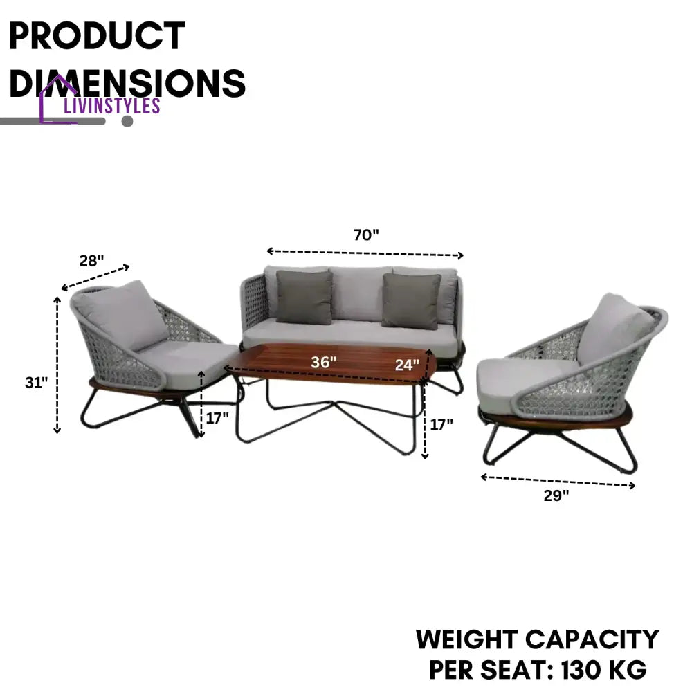 Zina Outdoor Grey Rope 4-Piece Sofa Set With Wooden Top Table - Sofa Set
