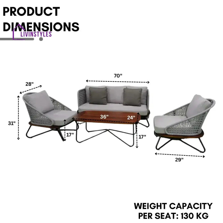 Zina Outdoor Grey Rope 4-Piece Sofa Set With Wooden Top Table - Sofa Set