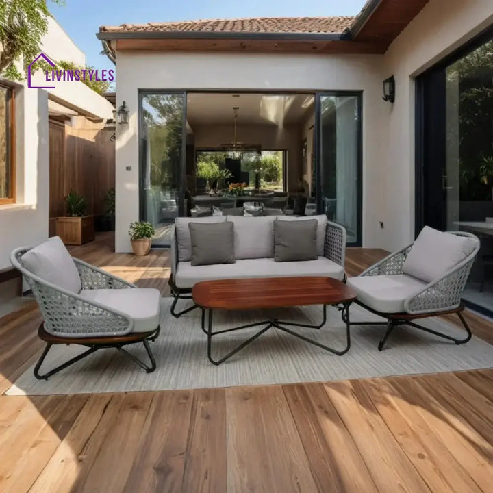 Zina Outdoor Grey Rope 4-Piece Sofa Set With Wooden Top Table - Sofa Set