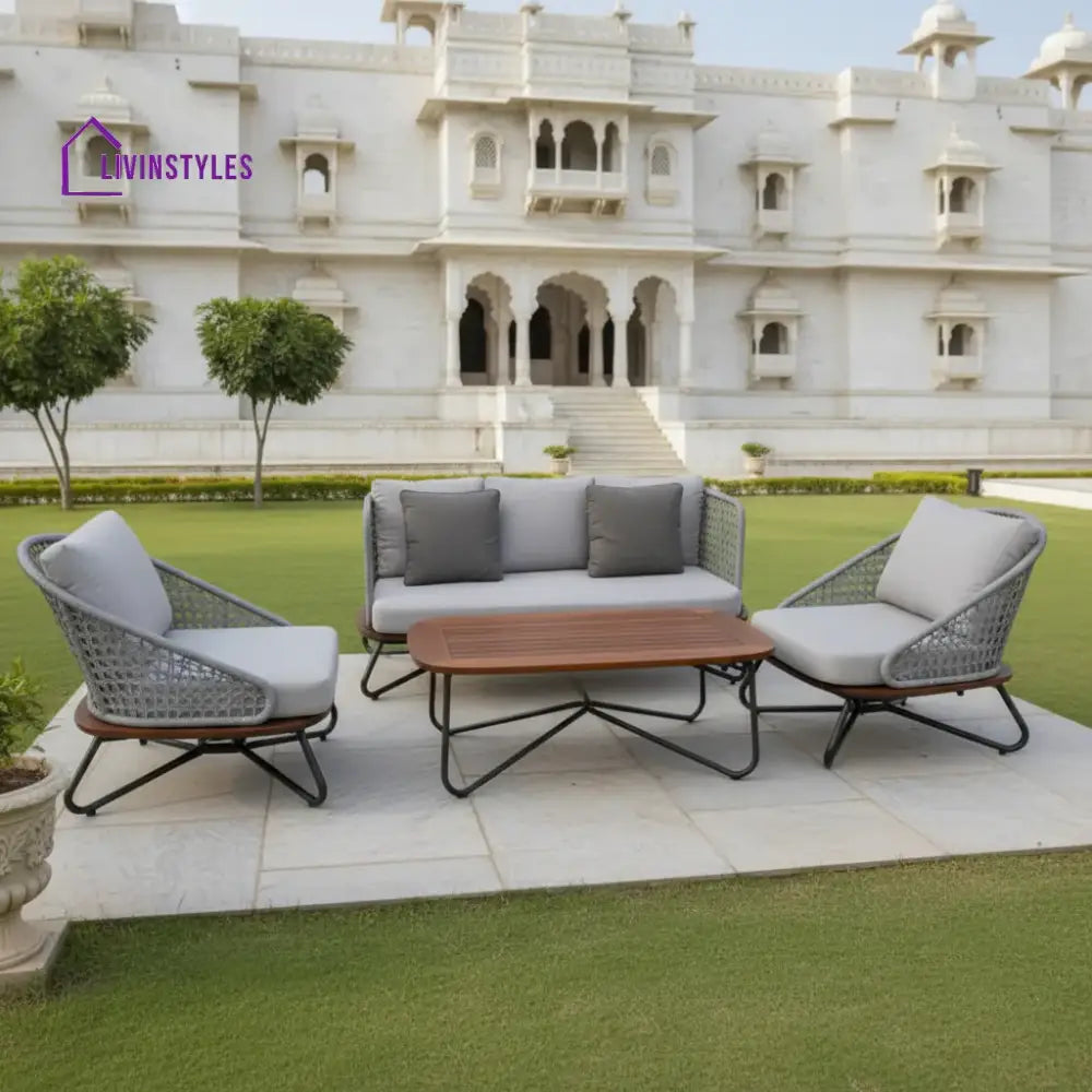 Zina Outdoor Grey Rope 4-Piece Sofa Set With Wooden Top Table - Sofa Set