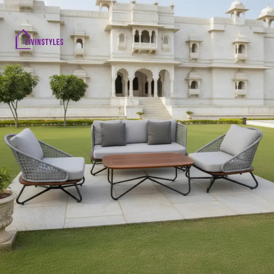 Zina Outdoor Grey Rope 4-Piece Sofa Set With Wooden Top Table - Sofa Set