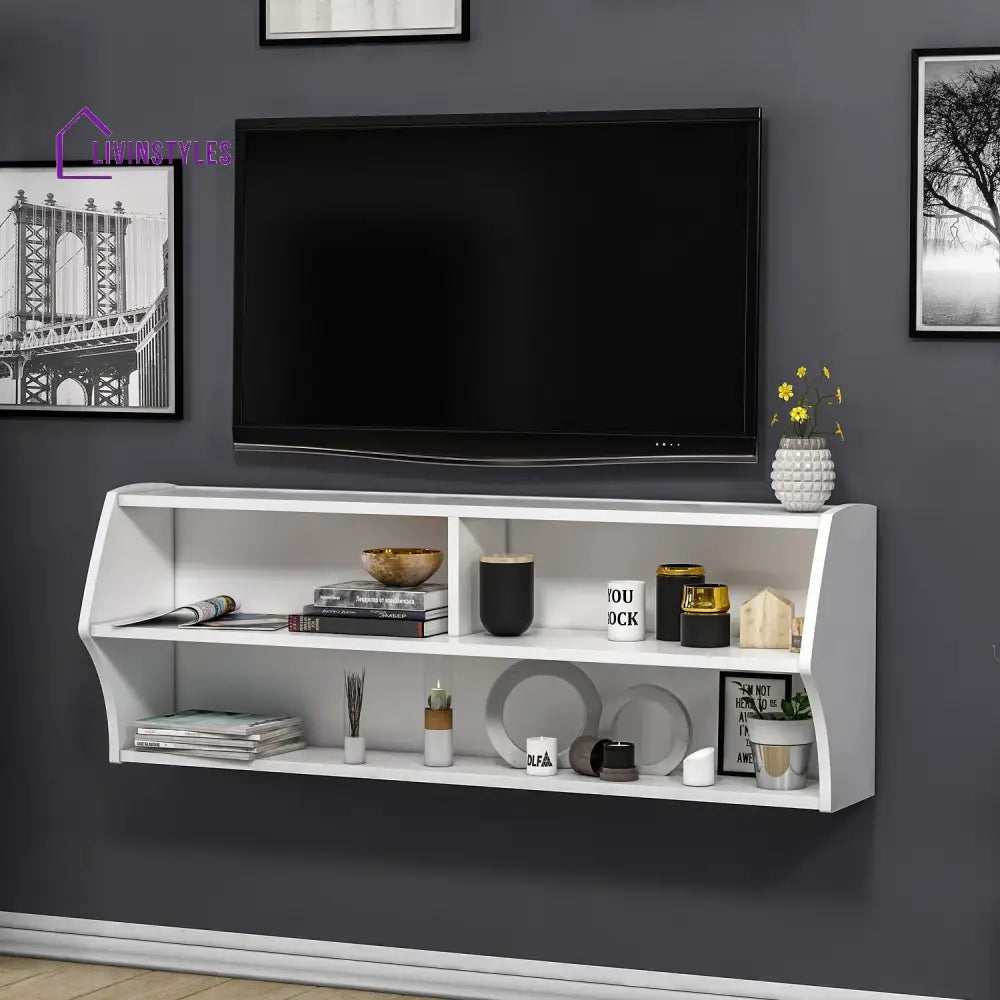 Zinnia Wall Mounted White Finish Tv Unit Stand for Living Room
