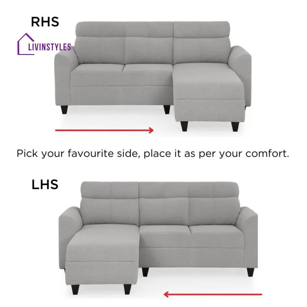 Zivo Plus Cloudy Gray Fabric 2 Seater Sofa with Lounger Sofa Cum Lounger