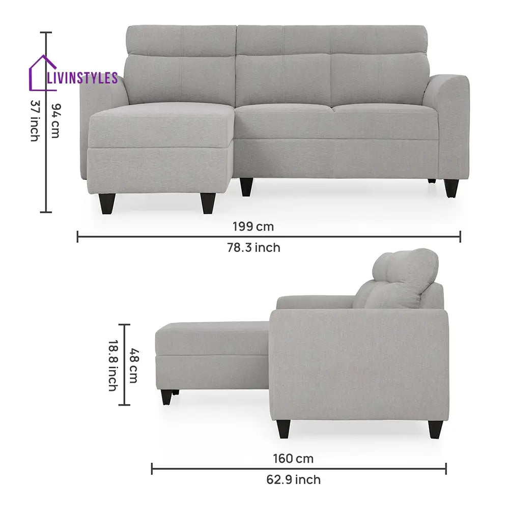 Zivo Plus Cloudy Gray Fabric 2 Seater Sofa with Lounger Sofa Cum Lounger