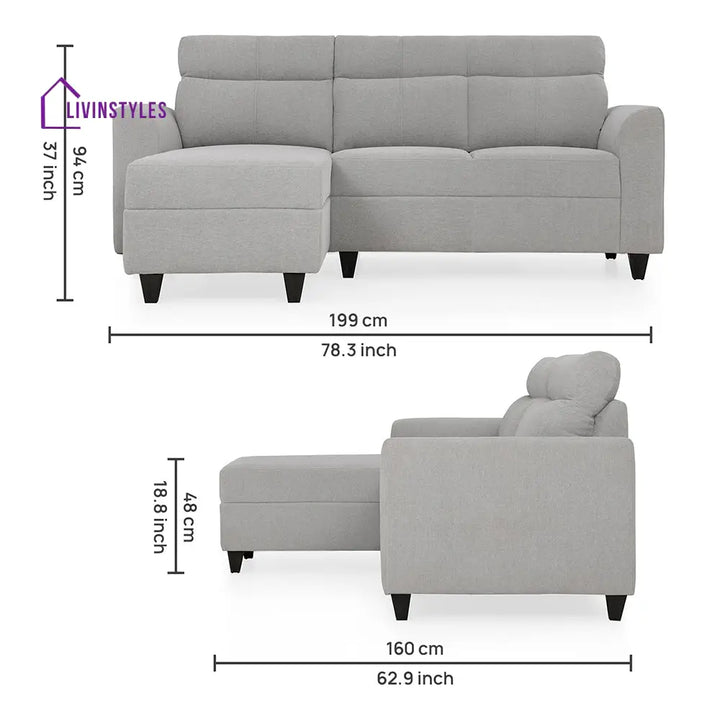 Zivo Plus Cloudy Gray Fabric 2 Seater Sofa with Lounger Sofa Cum Lounger