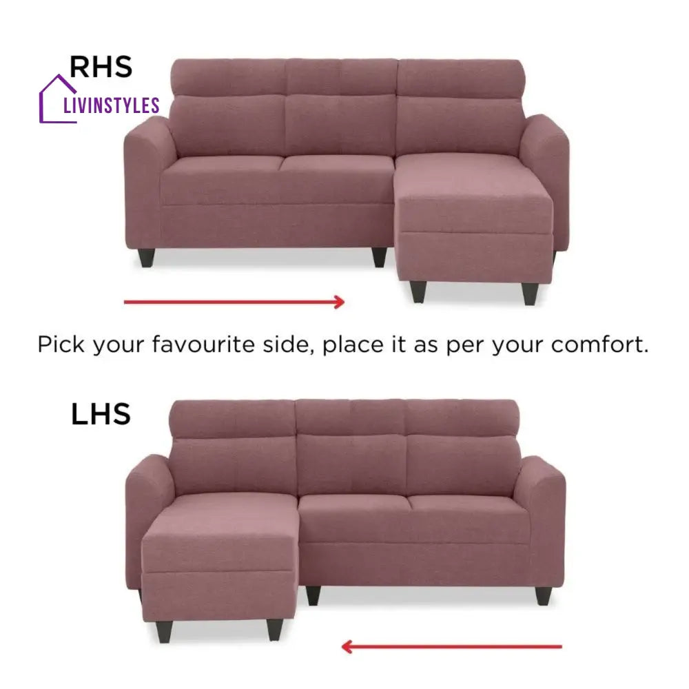 Zivo Plus Dusky Pink Fabric 2 Seater Sofa with Lounger Sofa Cum Lounger
