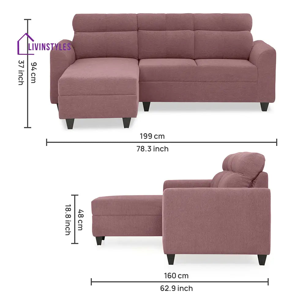 Zivo Plus Dusky Pink Fabric 2 Seater Sofa with Lounger Sofa Cum Lounger