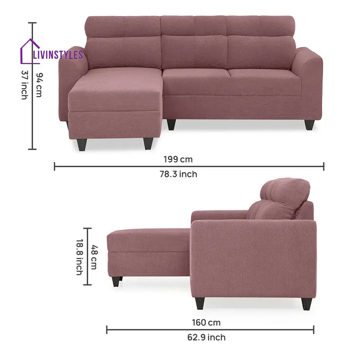 Zivo Plus Dusky Pink Fabric 2 Seater Sofa with Lounger Sofa Cum Lounger