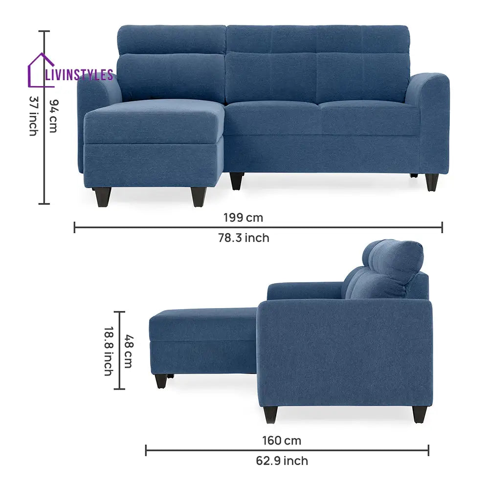 Zivo Plus Twilight Blue Fabric 2 Seater Sofa with Lounger Sofa Cum Lounger