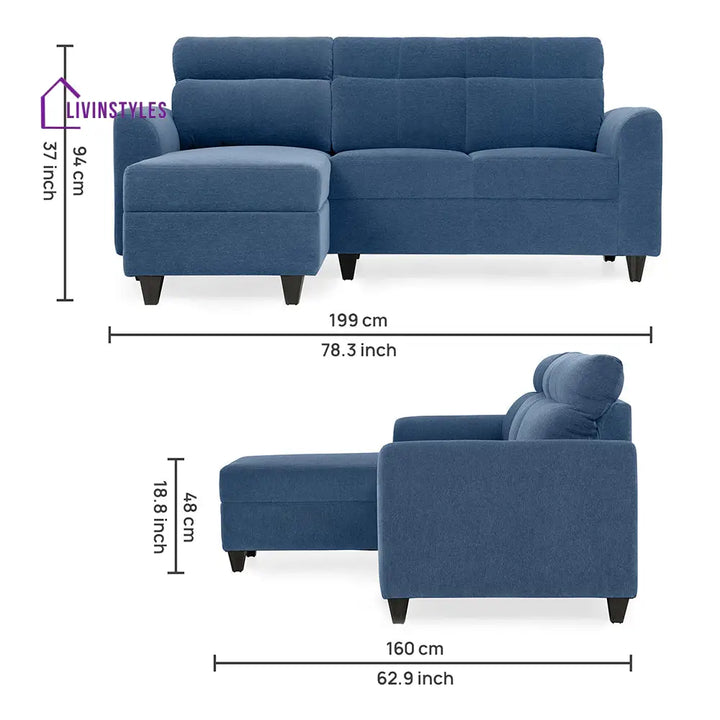 Zivo Plus Twilight Blue Fabric 2 Seater Sofa with Lounger Sofa Cum Lounger