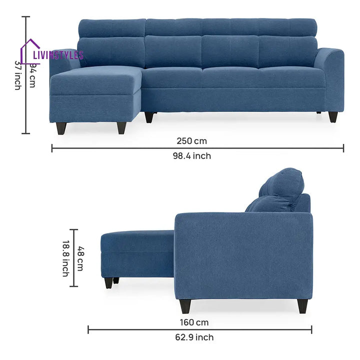 Zivo Plus Twilight Blue Fabric Sofa Set 3 Seater Sofa with Lounger Sofa Cum Lounger
