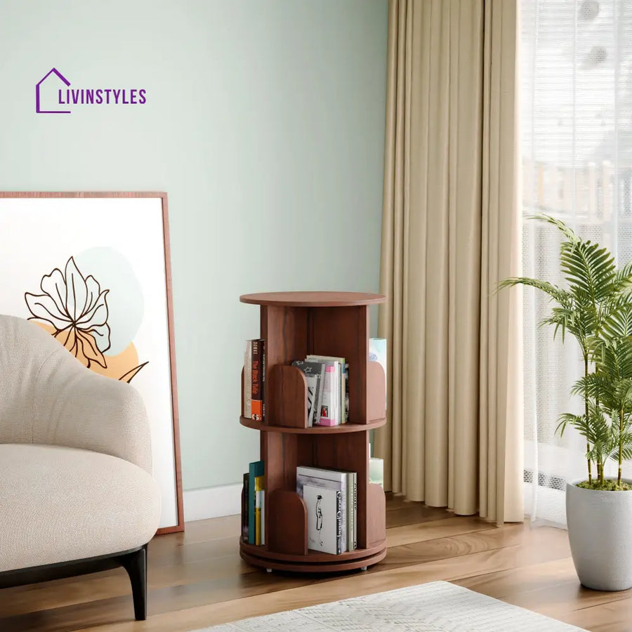Zlata 360° Rotating Bookshelf - Teak Brown 2 Tier 360 Rotating Bookshelf