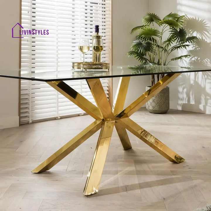 Zlata Gold Pedestal Glass Table & Grey Velvet Chairs - 6 Seater Dining Set Dining Room / Dining Sets