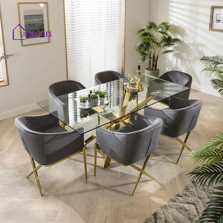 Zlata Gold Pedestal Glass Table & Grey Velvet Chairs - 6 Seater Dining Set Dining Room / Dining Sets