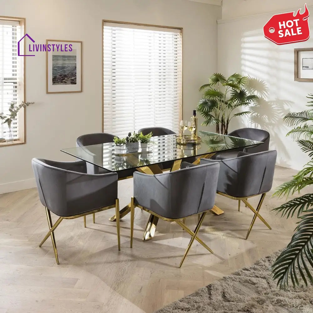 Zlata Gold Pedestal Glass Table & Grey Velvet Chairs - 6 Seater Dining Set Dining Room / Dining Sets