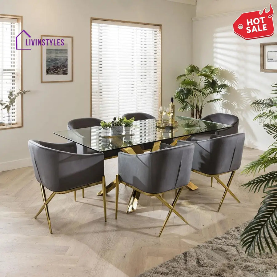 Zlata Gold Pedestal Glass Table & Grey Velvet Chairs - 6 Seater Dining Set Dining Room / Dining Sets