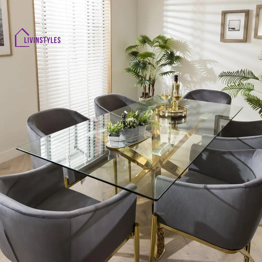 Zlata Gold Pedestal Glass Table & Grey Velvet Chairs - 6 Seater Dining Set Dining Room / Dining Sets
