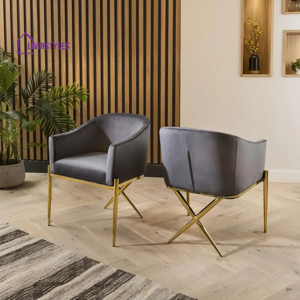 Zlata Gold Pedestal Glass Table & Grey Velvet Chairs - 6 Seater Dining Set Dining Room / Dining Sets