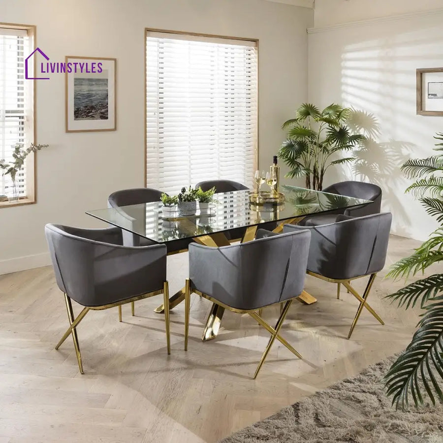Zlata Gold Pedestal Glass Table & Grey Velvet Chairs - 6 Seater Dining Set Dining Room / Dining Sets