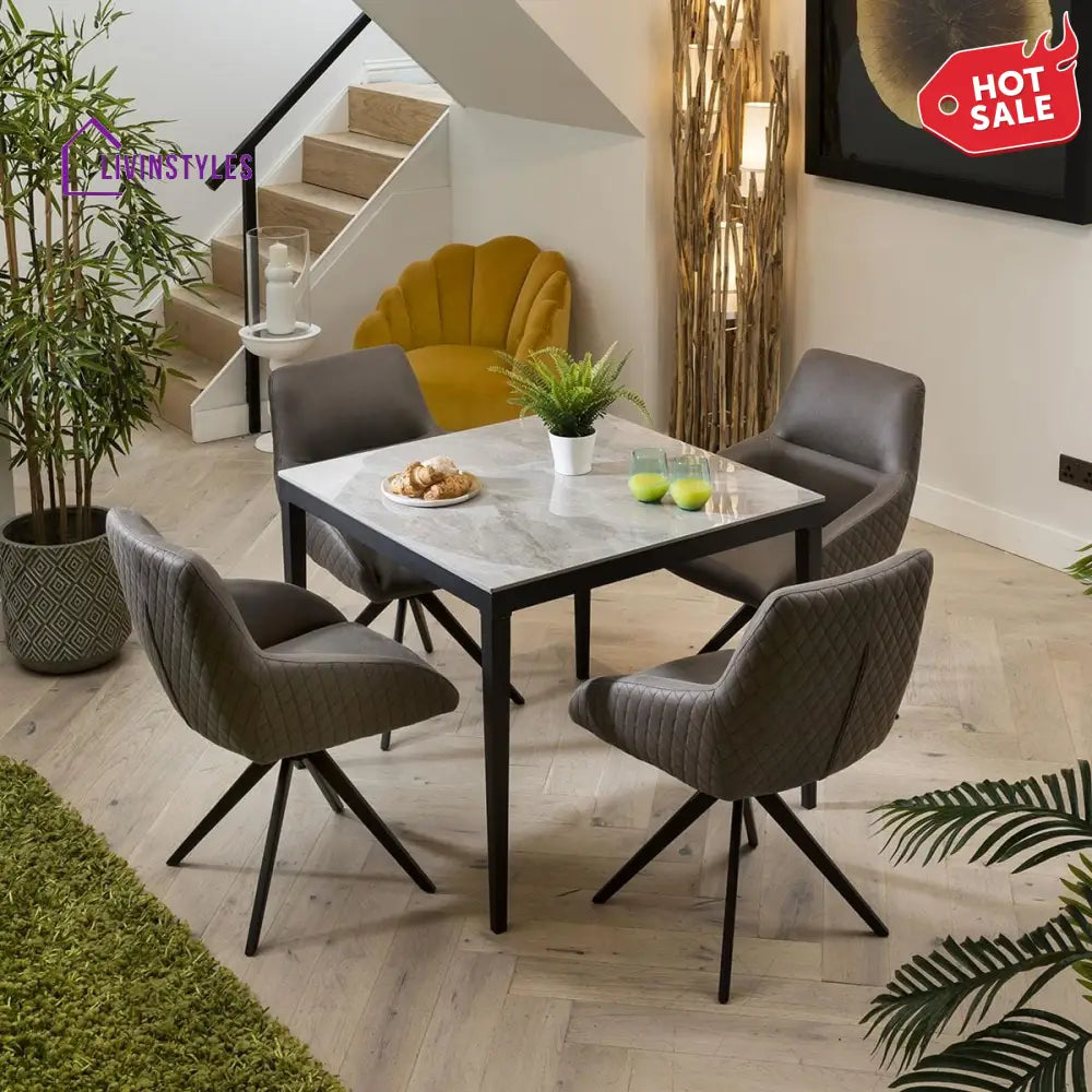 Zlata Small Luxury 4 Seater Dining Set - Grey Ceramic Marble Table - Brown Swivel Chairs Dining Room / Dining Sets