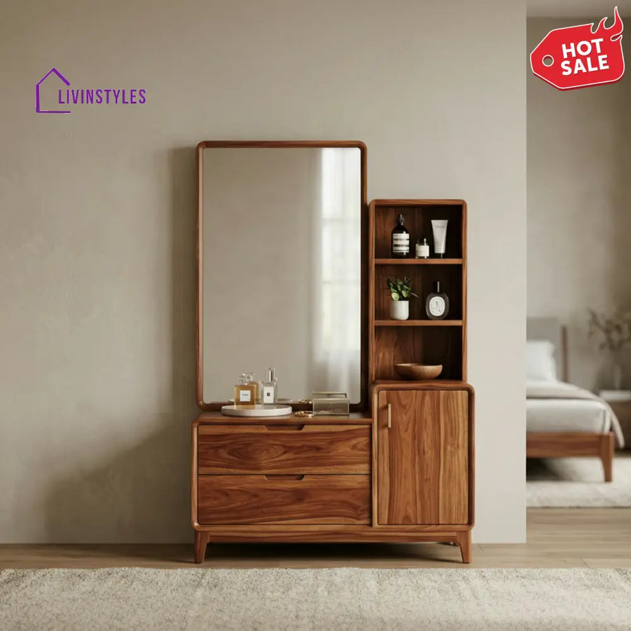 Zoe Sheesham Wood Dressing Table with Mirror and Storage (Honey Finish)