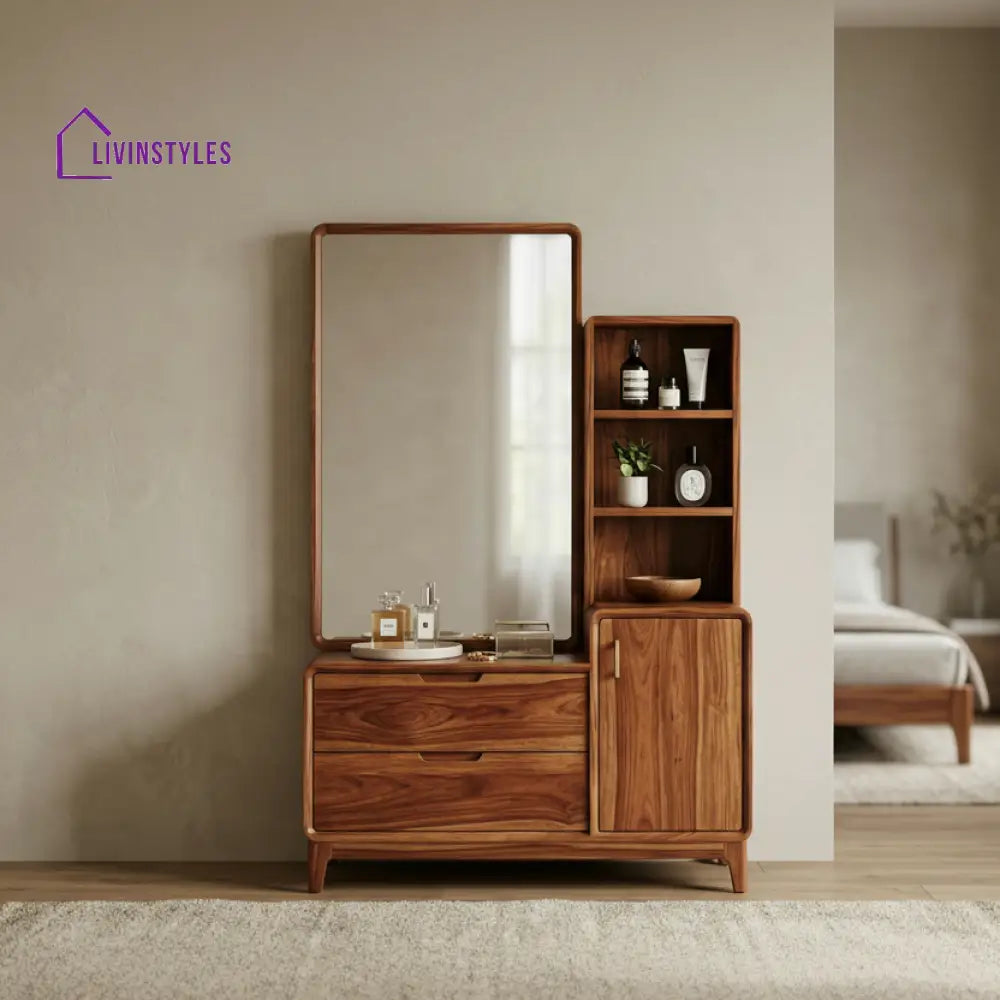 Zoe Sheesham Wood Dressing Table with Mirror and Storage (Honey Finish)