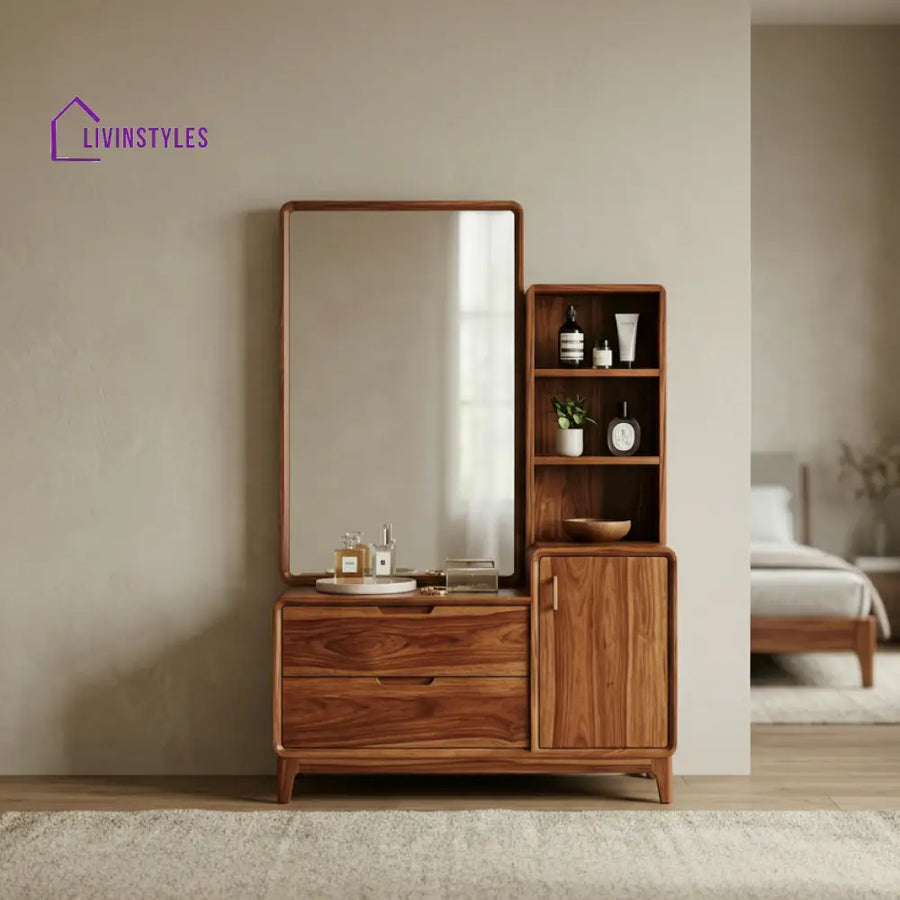 Zoe Sheesham Wood Dressing Table with Mirror and Storage (Honey Finish)