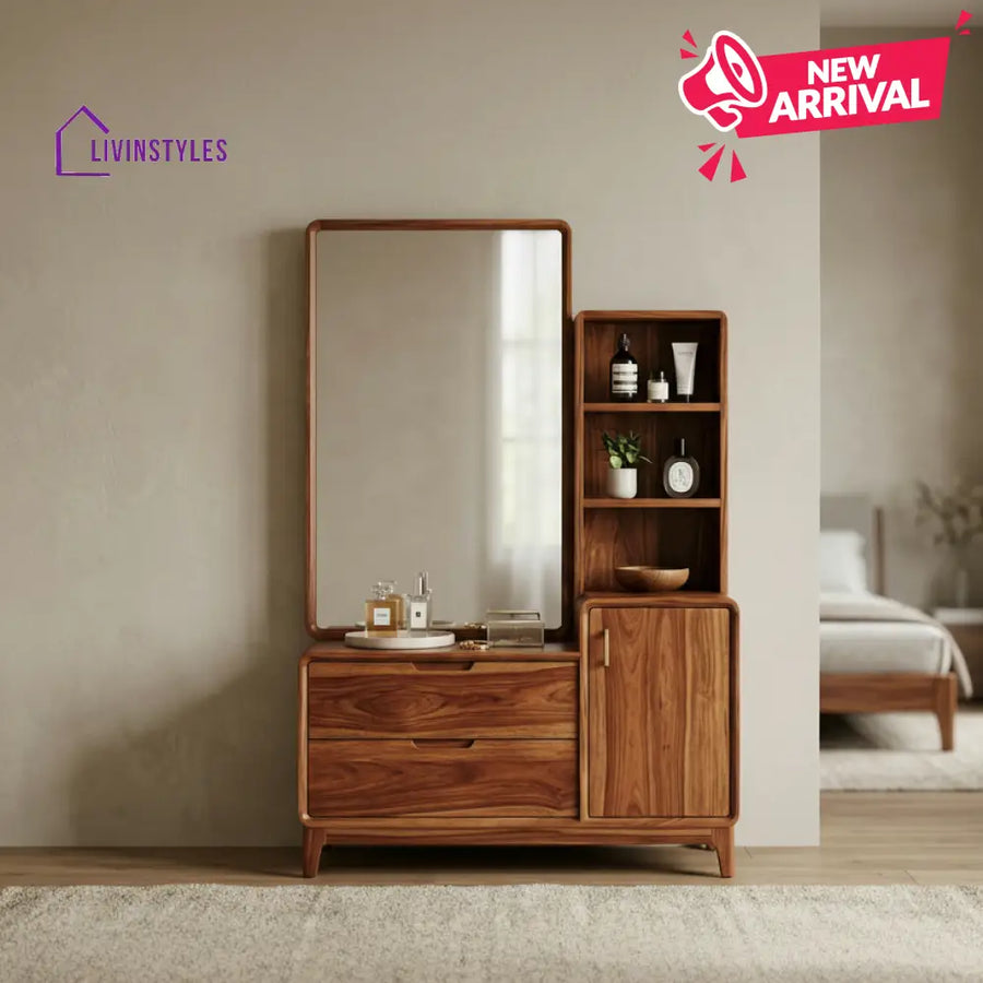 Zoe Sheesham Wood Dressing Table with Mirror and Storage (Honey Finish)