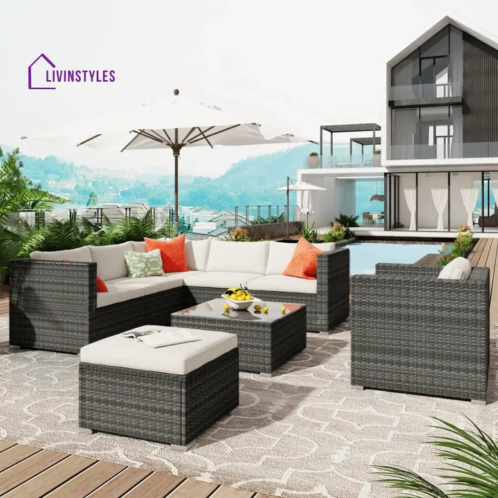 Zoi Outdoor Garden Balcony Sofa Set 6 Seater Single seater With 1 Ottoman and 1 Center Table Set (Brown + White) - Sofa