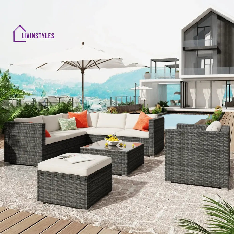 Zoi Outdoor Garden Balcony Sofa Set 6 Seater Single seater With 1 Ottoman and 1 Center Table Set (Brown + White) - Sofa