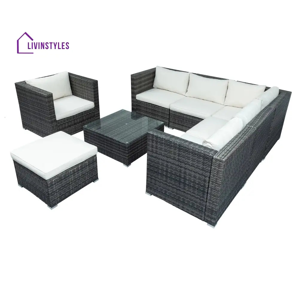 Zoi Outdoor Garden Balcony Sofa Set 6 Seater Single seater With 1 Ottoman and 1 Center Table Set (Brown + White) - Sofa