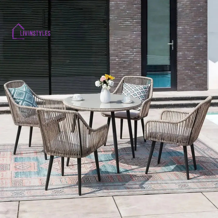 Zoya 5-Piece Outdoor Rope Patio Dining Set With Glass Top Table - Dining Set