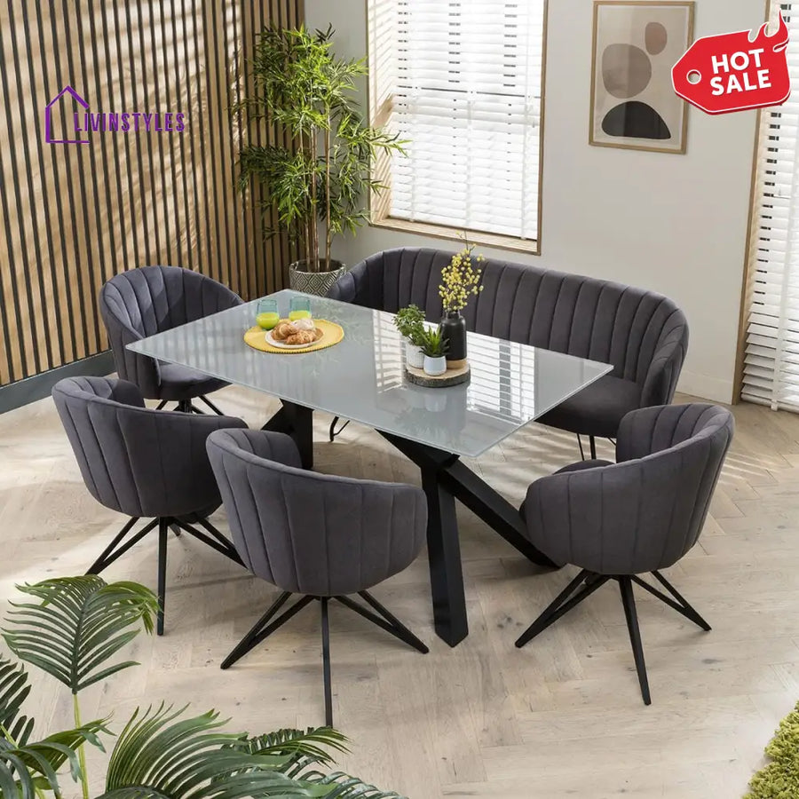 Zoya Modern 6 Seater Glass Dining Table And Bench Set Room / Sets